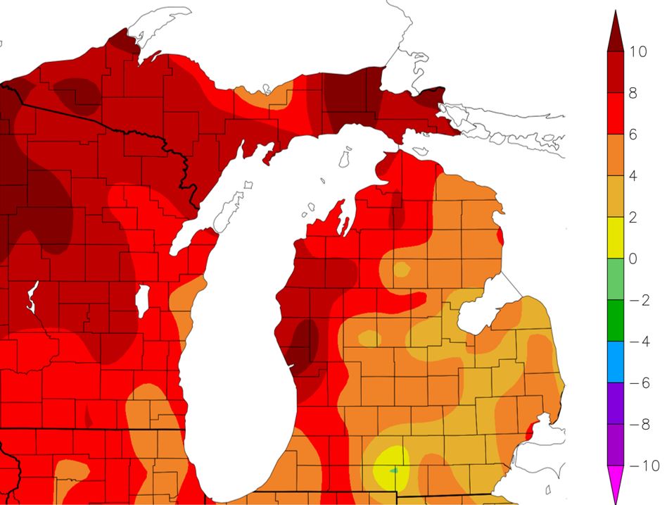 Temperature departure from normal for the past seven days as of June 7.